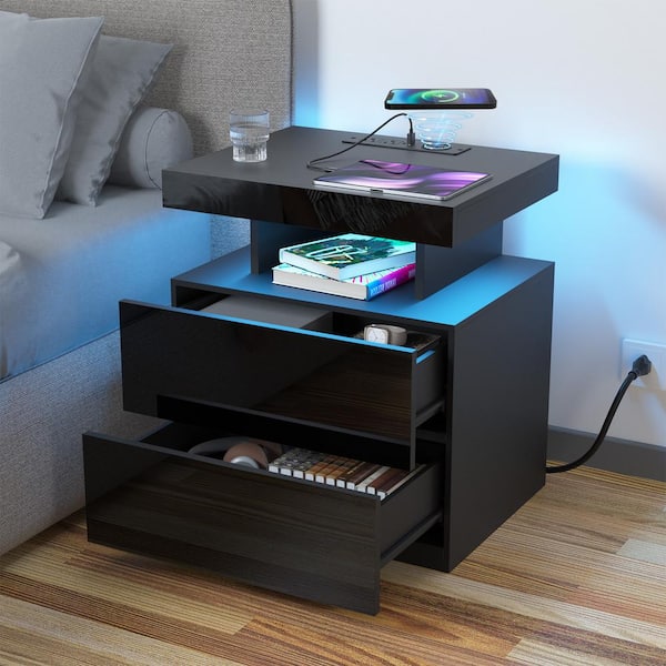 Hommpa Modern Black 2-Drawer 22.8 in. H x 19.7 in. W x 15.8 in. D Nightstand with Smart RGB LED Light Strip