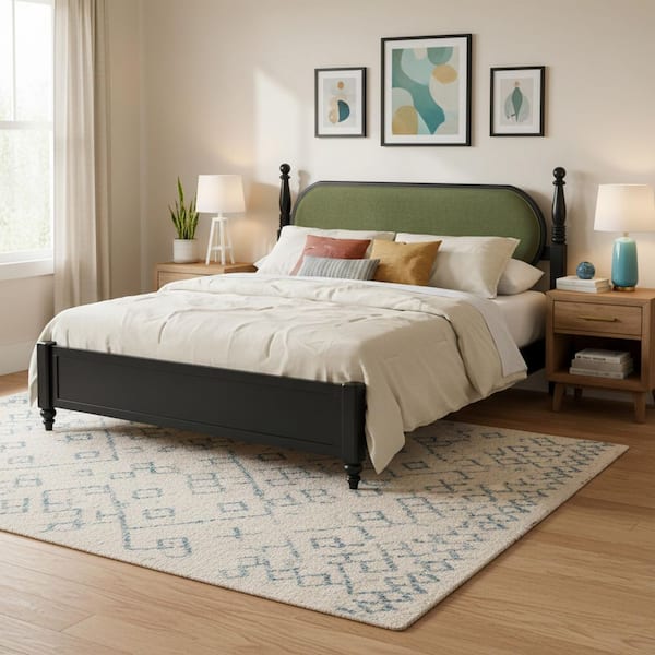 Farmhouse Black and Green Wood Frame King Size Platform Bed with Upholstered Headboard and Slat Support