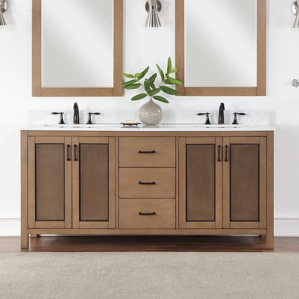 Hadiya 72 in. W x 22 in. D x 34 in. H Bath Vanity in Brown Pine with Carrara White Composite Stone Top -  Altair, 542072-BR-AW-NM