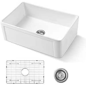 Ceramic 30 in. White Single Bowl Undermount Kitchen Sink with Bottom Grid and Kitchen Sink Drain