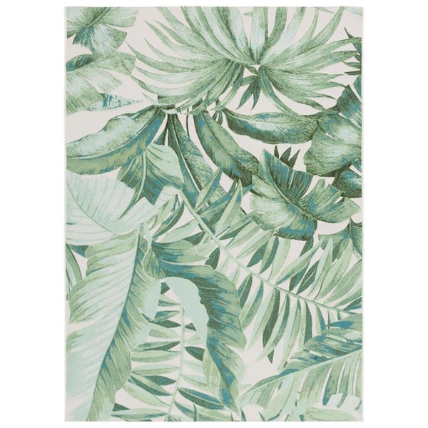 SAFAVIEH Barbados Green/Teal 8 ft. x 10 ft. Multi-Leaf Tropical Indoor/Outdoor Patio Area Rug