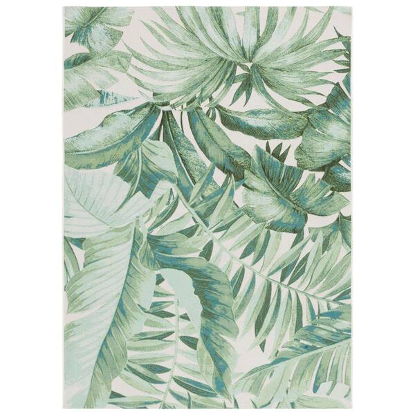 SAFAVIEH Barbados Green/Teal 10 ft. x 12 ft. Multi-Leaf Tropical Indoor/Outdoor Patio Area Rug