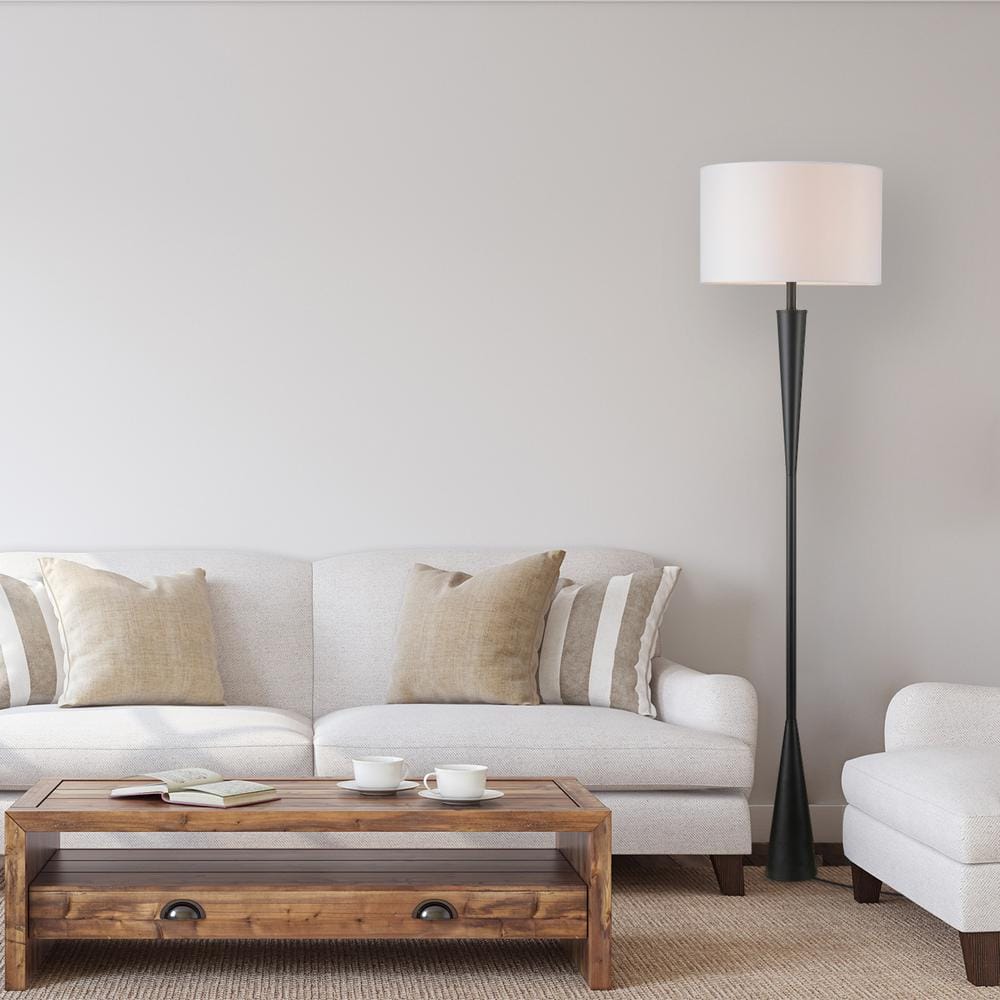 Matte Black 70" Modern Floor Lamp with White Fabric Drum Shade