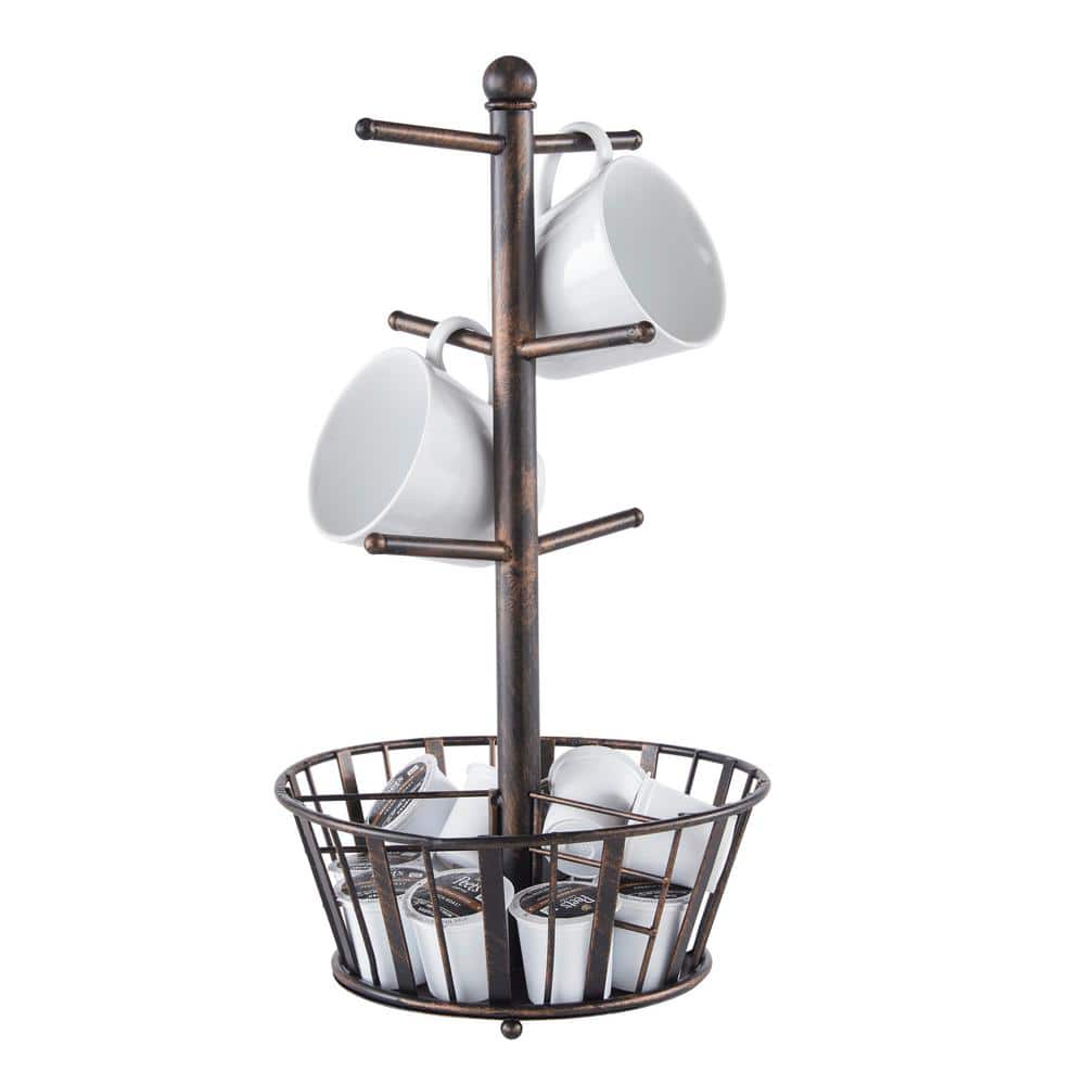 Black Wrought Iron 6-Cup Mug Tree with Storage Basket