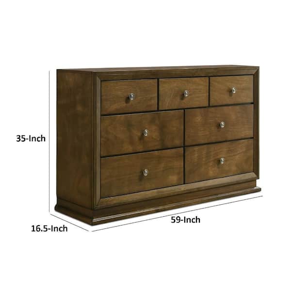 Rouk 7 Drawer Wide Dresser, Transitional, Walnut Brown Solid Wood Benjara