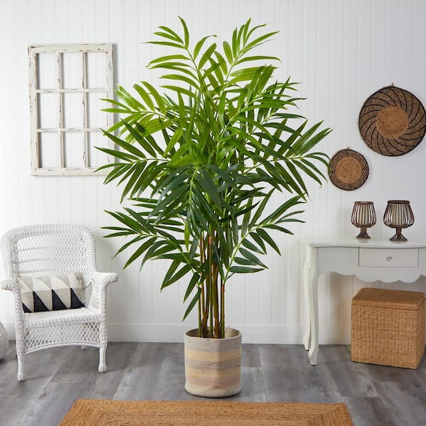 Nearly Natural 8 ft. Green King Palm Artificial Tree in Handmade Natural Cotton Multicolored Woven Planter