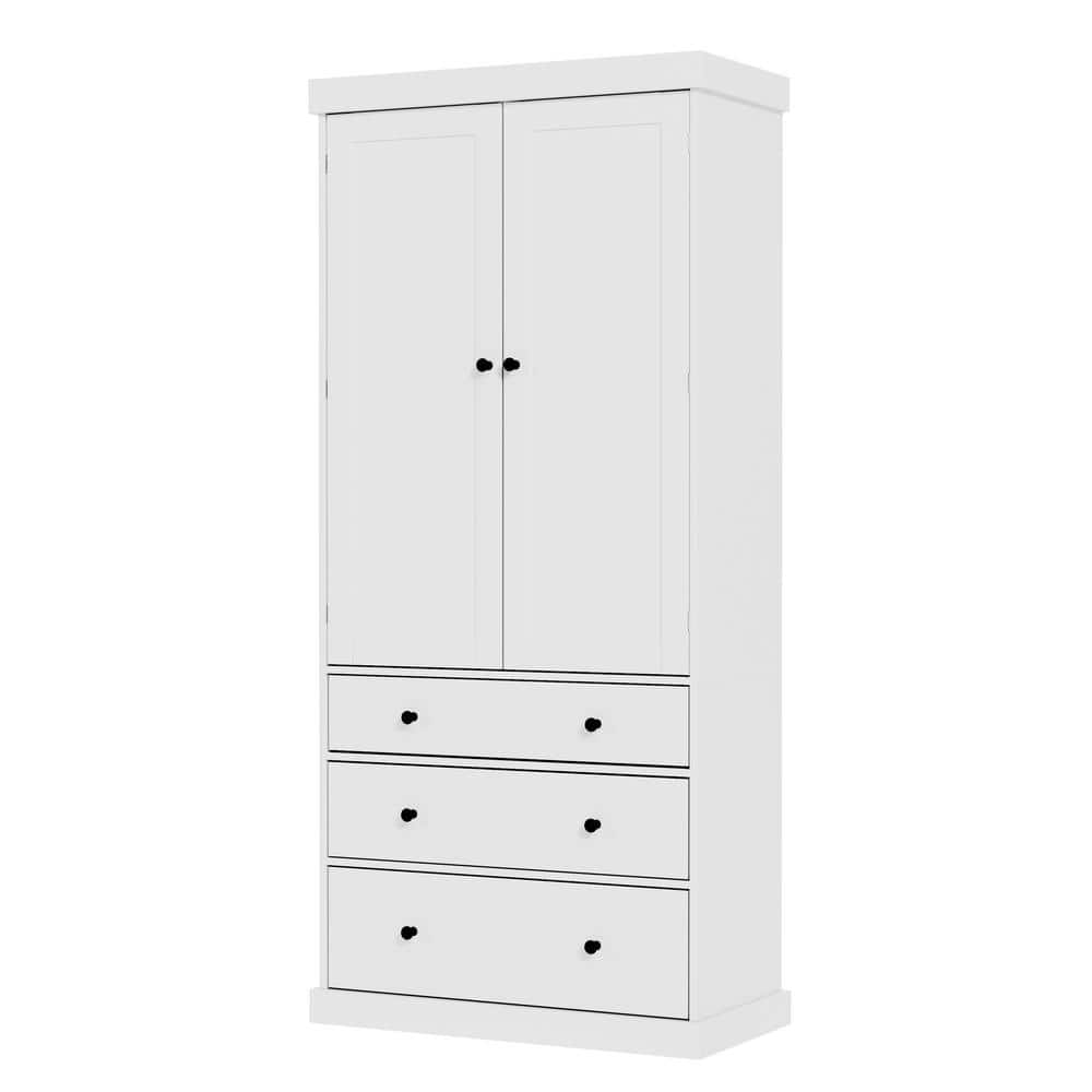 Wooden 77" Farmhouse Kitchen Pantry with 3 AdjustableShelves, 8 Door Shelves, 3 Drawers, White