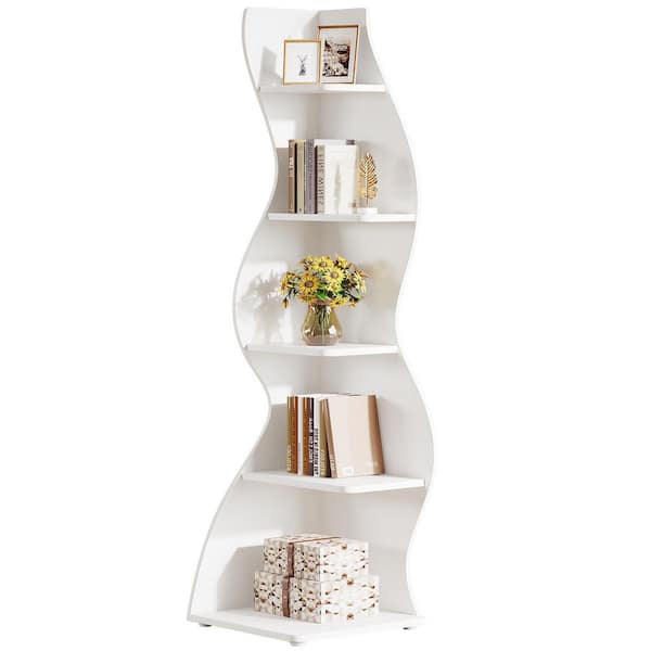 Eulas 69.8 in. Tall White Wood 5-Shelf Standard Bookcase Corner Bookshelf with Storage Shelf and Curvy Sha