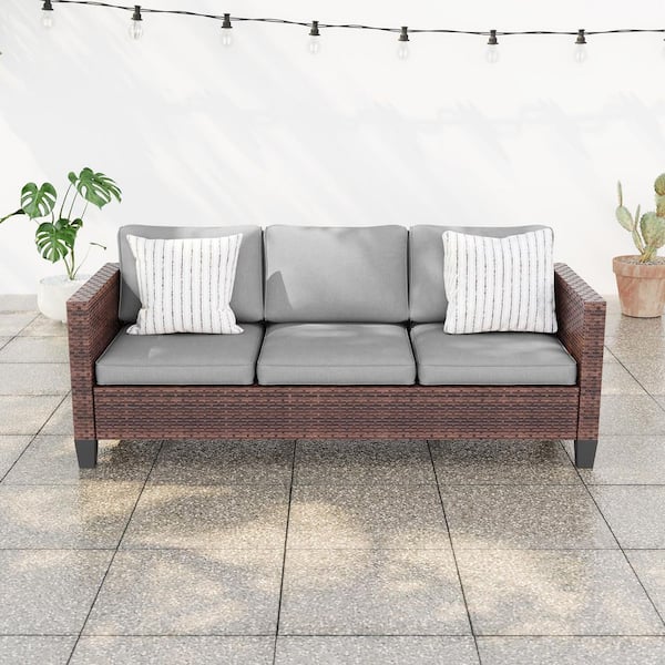 Sonkuki 1-Piece Metal Frame Brown Wicker Patio Conversation Seating Set with Gray Cushion