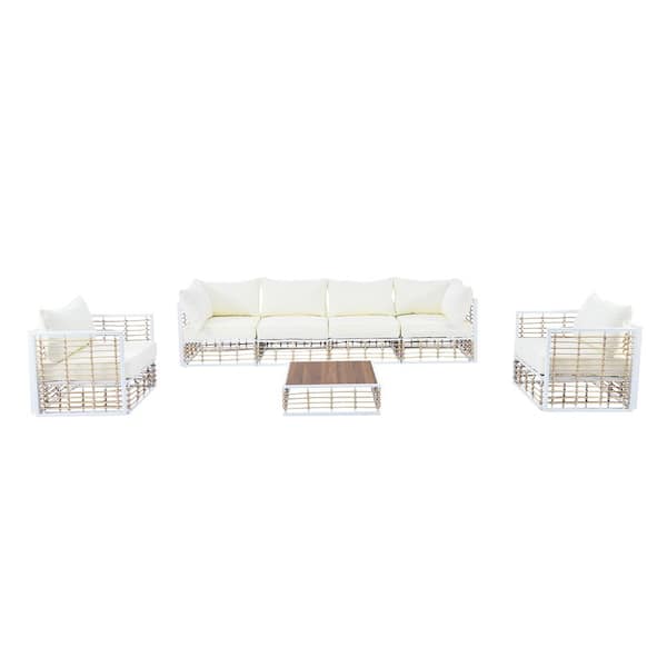Unbranded White 7-Piece Metal Outdoor Sectional, All-Weather Conversational Furniture Set with Ivory Cushions and Coffee Table