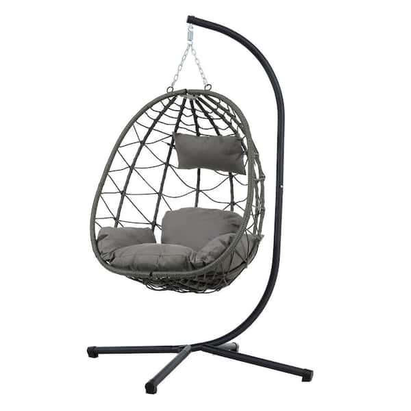 1 Person Metal Patio Swing Outdoor Egg Chair with Black Stand and Dark Gray Cushions and Pillow