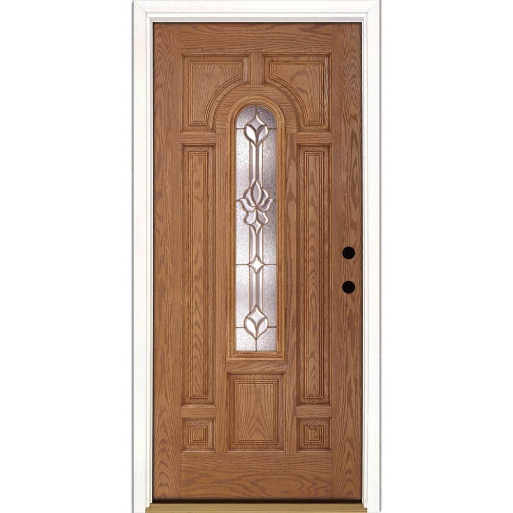 37.5 in. x 81.625 in. Medina Brass Center Arch Lite Stained Light Oak Left-