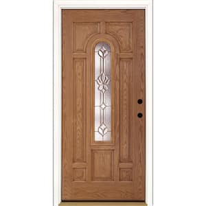 37.5 in. x 81.625 in. Medina Brass Center Arch Lite Stained Light Oak Left-Hand Inswing Fiberglass Prehung Front Door