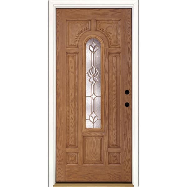 Feather River Doors 37.5 in. x 81.625 in. Medina Brass Center Arch Lite Stained Light Oak Left-Hand Inswing Fiberglass Prehung Front Door