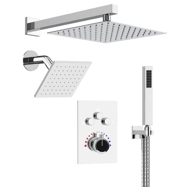 Thermostatic 7-Spray 12 in. and 6 in. Wall Mount Shower System with Hand Shower 2.5 GPM in Chrome(Valve Included)