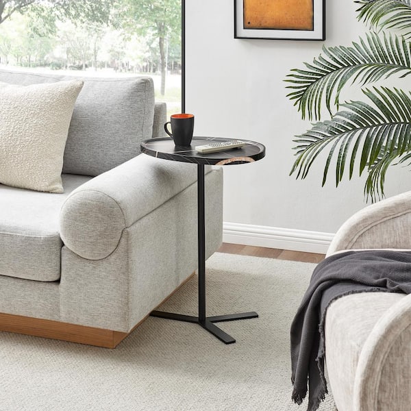 DANYA B Carter 11.8 in. Oval Teardrop Couch-Side Accent C-Table with Crossed Y-Shape Metal Pedestal Leg - Black Marble/Black