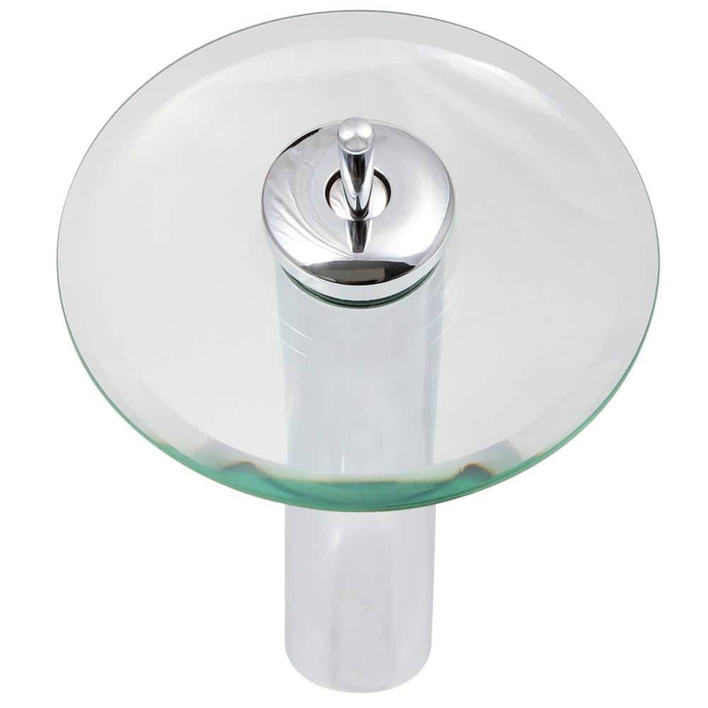 Polished Chrome Single Handle Waterfall Vessel Faucet with Clear Glass Disc
