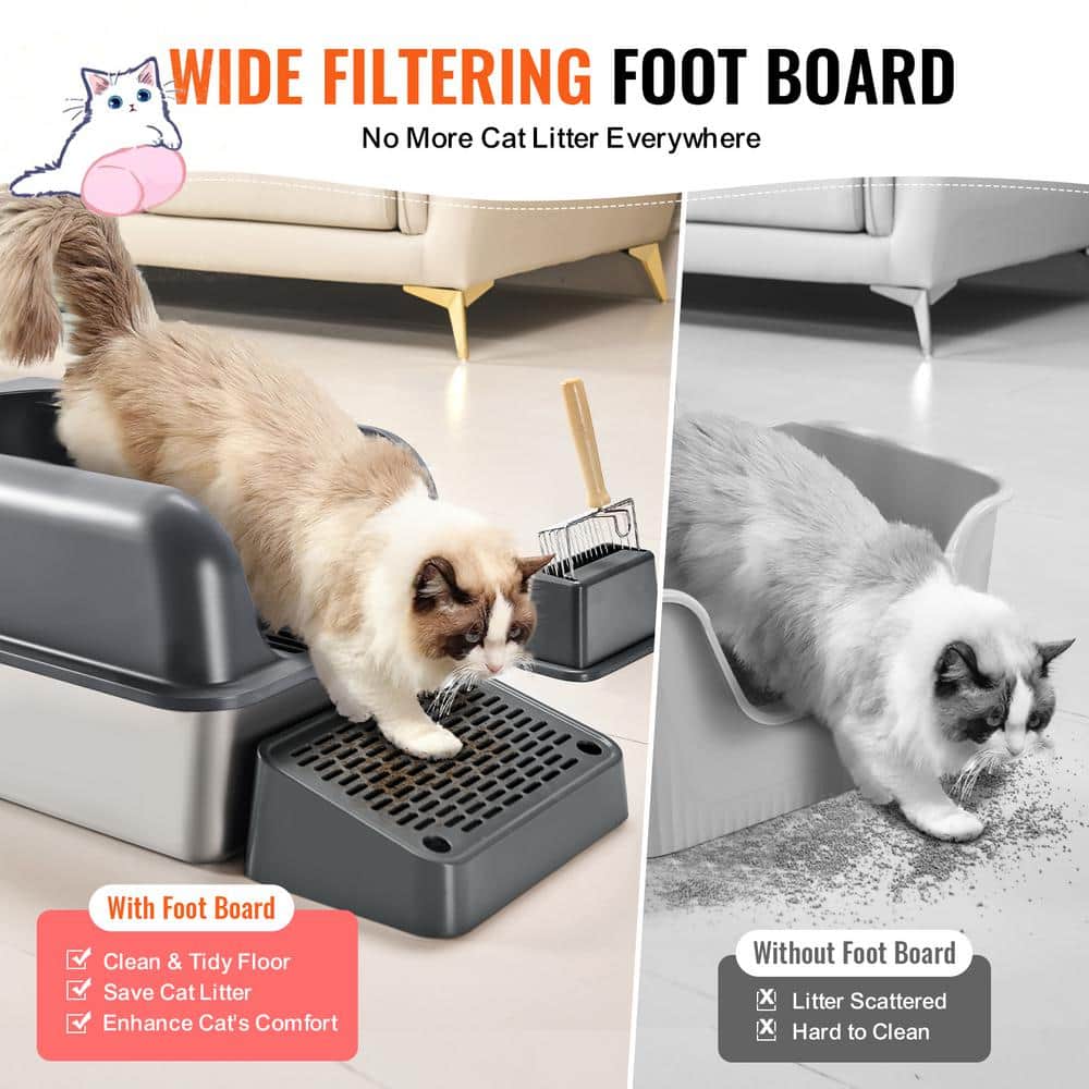 Extra Large Dark Gray Stainless Steel Covered Cat Litter Box with Scoop