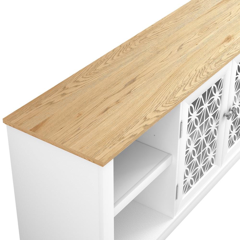 Grayish-White 70" TV Stand with Lattice Doors and Wood Top