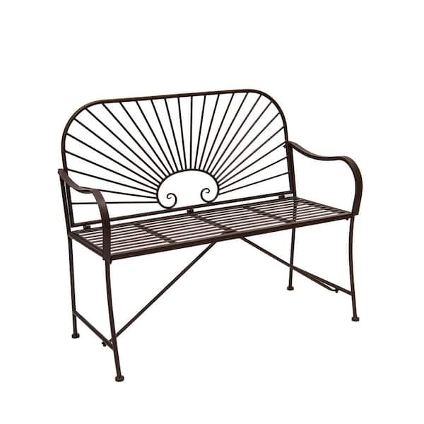 44 in. L Iron Sun Patterned Oval Shaped Rocking Glider Bench for 2 Durable Indoor Outdoor Patio Seating, Brown
