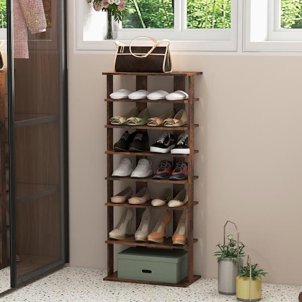 43.5 in. H 14-Pair 7-Tier Brown Wood Double Rows Shoe Rack Vertical Wooden  Shoe Storage Organizer