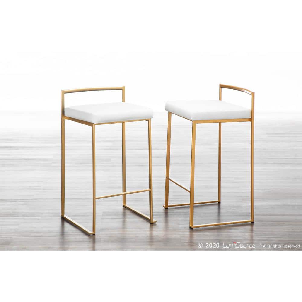 Gold Metal Bar Stools with White Velvet Cushions, Set of 2