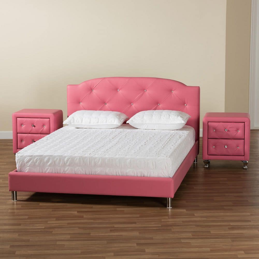Pink Faux Leather Upholstered Full Size Bed with Nightstands