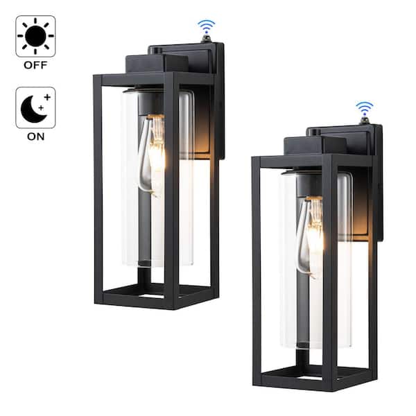 C Cattleya 14 in. 1-Light Matte Black Dusk to Dawn Outdoor Hardwired Wall Lantern Sconces with No Bulbs Included (2-Pack)