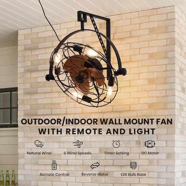 20 in. Indoor Industrial Wall Fan with Lights and Remote, Black Wall Mounted Ceiling Fan with 6 Fan Speeds