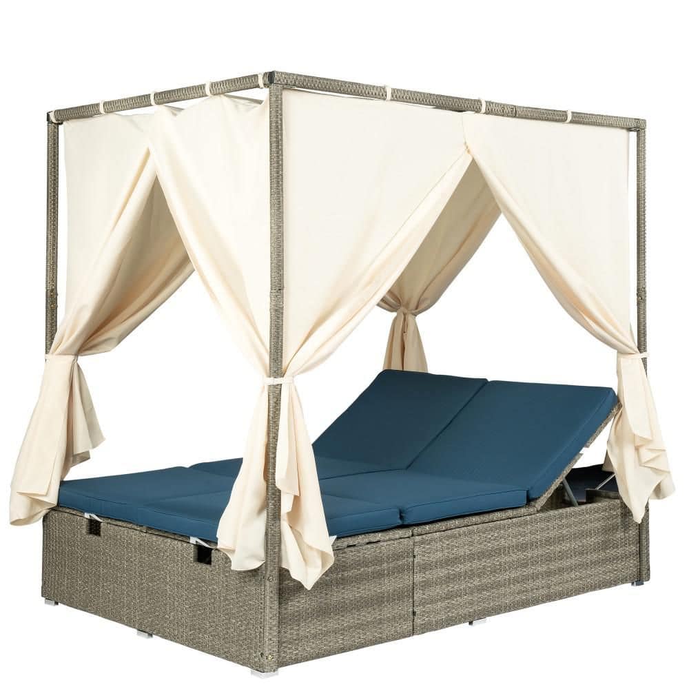 Gray Wicker Outdoor Multi-Position Adjustable Outdoor Day Bed with Removable Dark Blue Cushion, Canopy for Poolside
