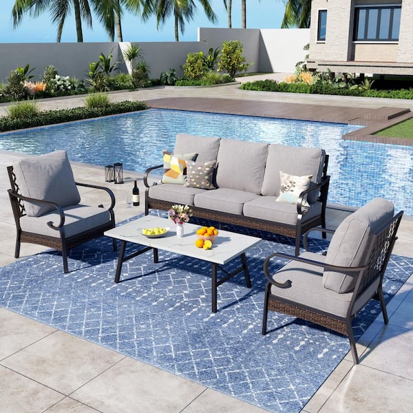 PHI VILLA 4-Piece Black Metal Outdoor Patio Conversation Sectional Seating Set with Marbling Coffee Table and Light Gray Cushions