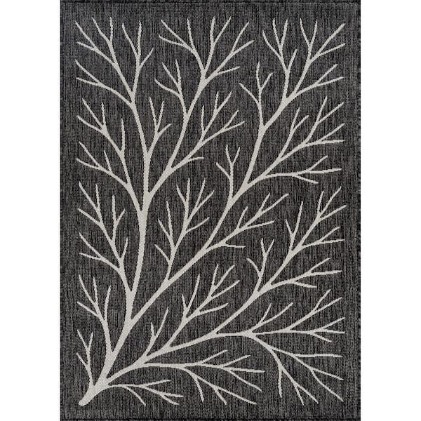 Flora Dark Gray 5 ft. x 7 ft. Coral Branch Washable Indoor Outdoor Area Rug