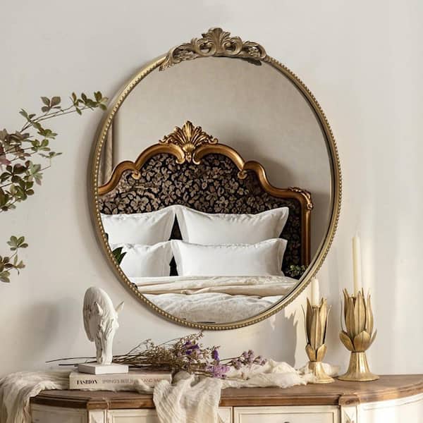 Sxiawe 30 in. W x 32 in. H Baroque Style Round Antique Gold Metal Framed Wall Mirror