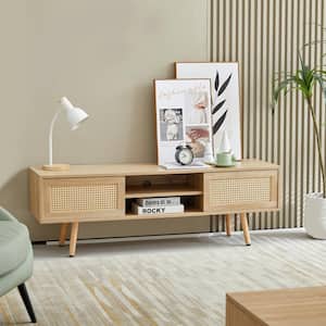 55 in. Natural TV Stand Wood TV Cabinet Fits TV's up to 60 in. with Adjustable Shelf and Double Sliding-Doors