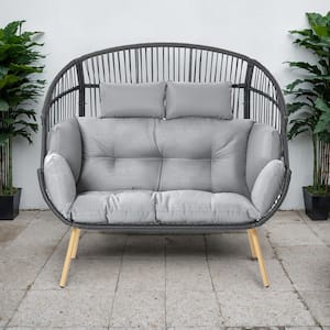58 in. W Oversized DarkGray Wicker Loveseat Egg Chair Patio Backyard Indoor/Outdoor Chaise Lounge with LightGray Cushion