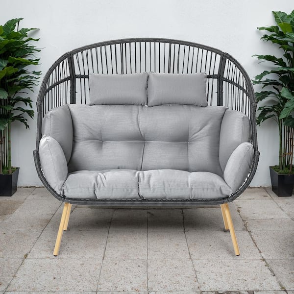 Pocassy 58 in. W Oversized DarkGray Wicker Loveseat Egg Chair Patio Backyard Indoor/Outdoor Chaise Lounge with LightGray Cushion