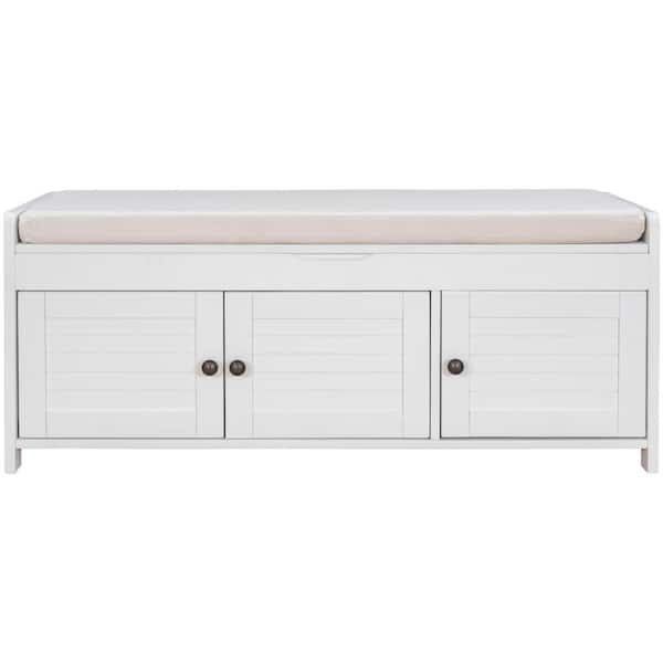 ATHMILE White Shoe Bench with Removable Cushion and Hidden Storage Space 43.5 in. L x 16 in. W x 18 in. H