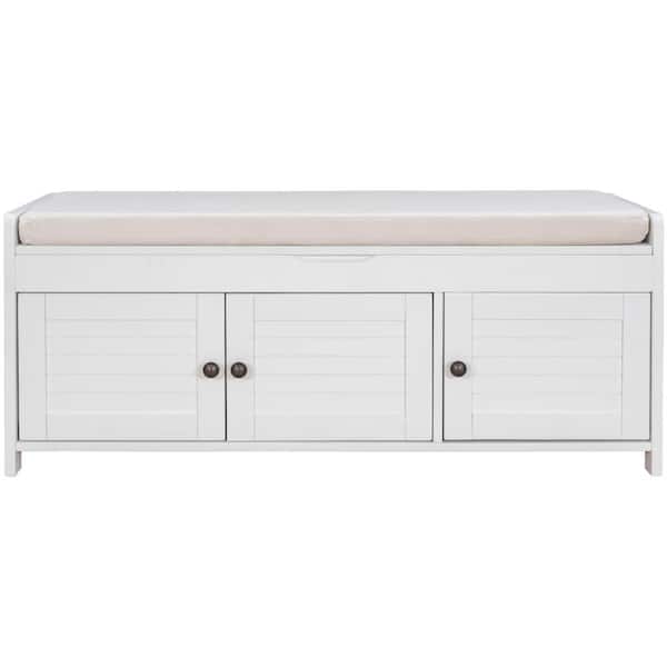 Polibi White Storage Bench with Removable Cushion and 3 Shutter-shaped Doors