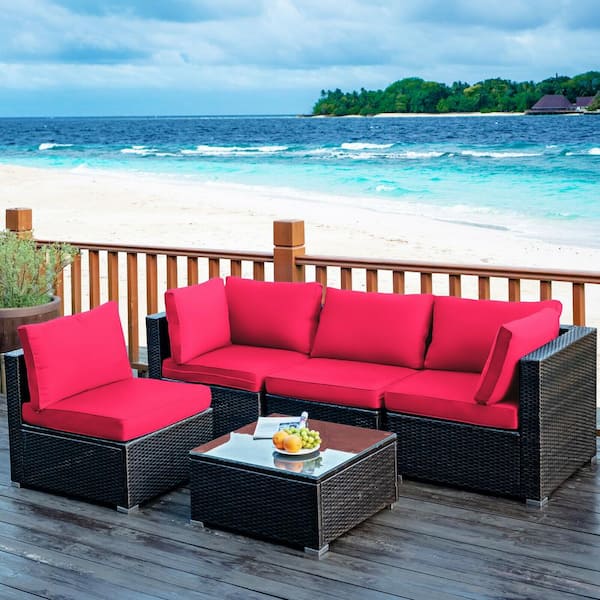 5-Piece Wicker Patio Conversation Set with Glass Table and Red Cushions