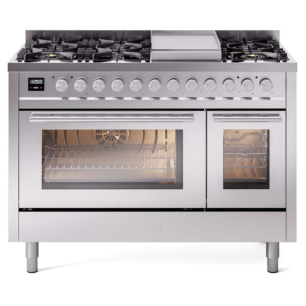 Professional Plus II 48 in. 8 Burner Plus Griddle Freestanding Double Oven Dual Fuel Range with Stainless Steel -  ILVE, UP48FWMPSS