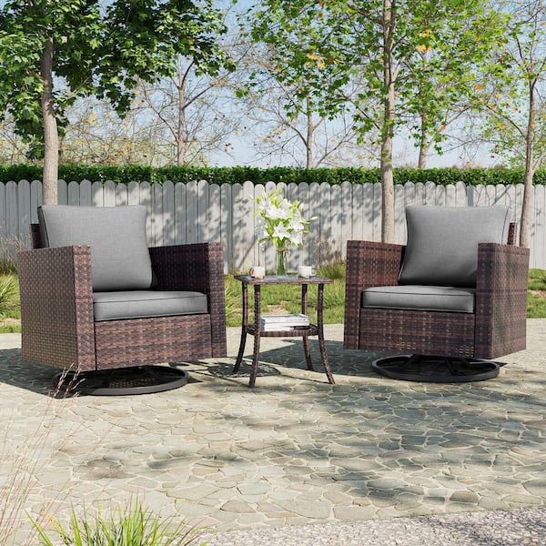 3-Piece Brown Wicker Outdoor Swivel Rocking Chairs Patio Bistro Set with Side Table Gray Cushion