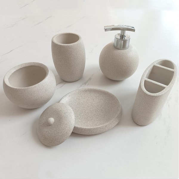 WELLFOR 5-Piece Concrete Bathroom Accessory Set in Beige for Vanity Countertops