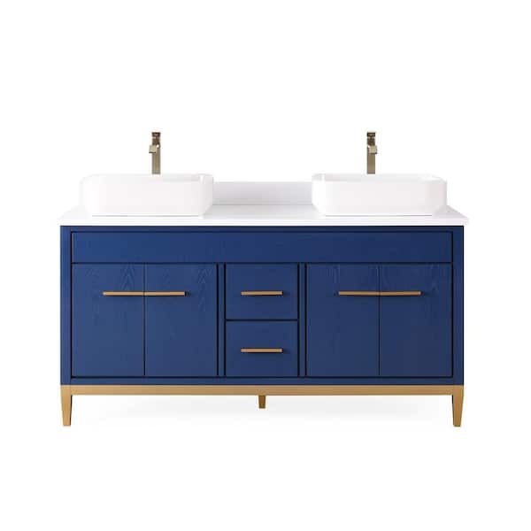 Unbranded Beatrice Vessel - Blue 60 in. W x 22 in. D x 31 5/8 in. H Bathroom Vanity in Blue Color with White Quartz Top