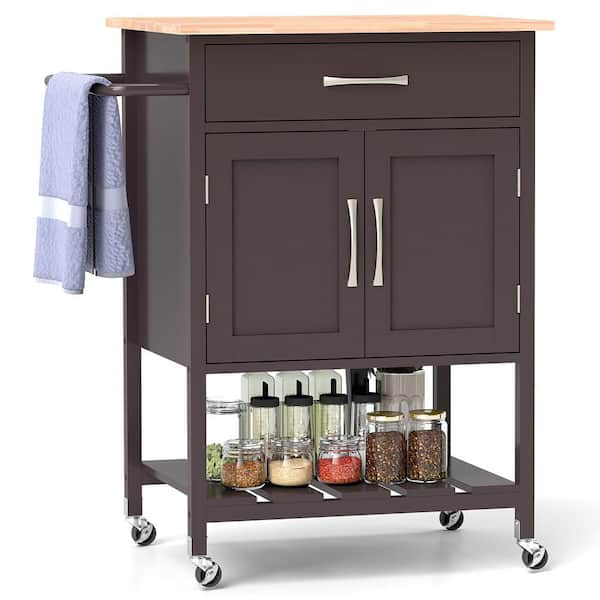 Rolling Kitchen Island Cart Brown Kitchen Cart with Drawer 2-Door Storage Cabinet Bottom Tray