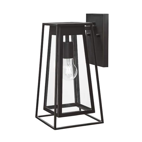 Bailey 14.25 in. Medium Modern 1-Light Bronze Hardwired Double Frame Outdoor Wall Light Lantern Sconce with Clear Glass