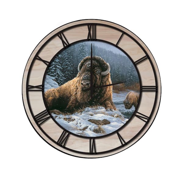 Unbranded "Spirit of the Wild (Bison)" Woodgrain Accent and Black Numbers Imaged Wall Clock