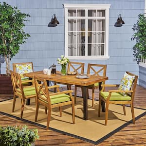 Juniper Teak Brown 7-Piece Wood and Metal Outdoor Dining Set with Green Cushions