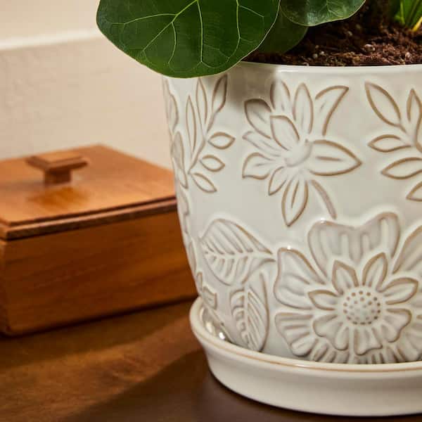 Vigoro Lorelai Small White Floral Ceramic Planter with Drainage