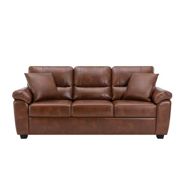 Morden Fort Sofa Collection 83 in. Flared Arm PU Leather Mid-Century Modern Rectangle Upholstered Sofa in Brown