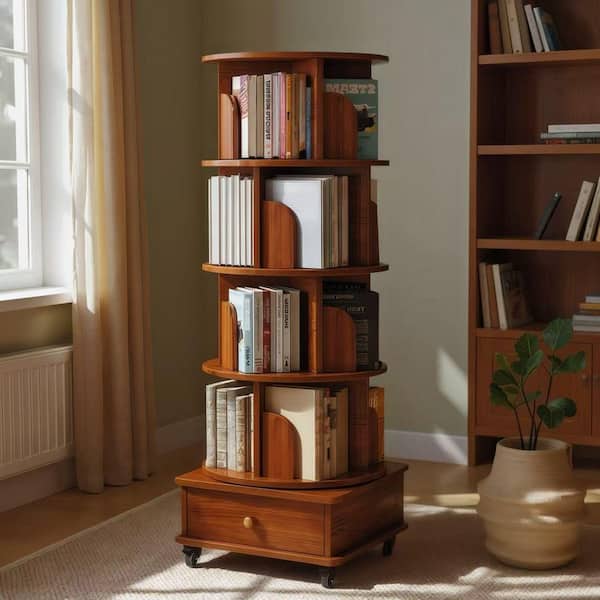 Colby Rotating 57 in. Tall Walnut MDF 5-Shelf Corner Bookcase with Drawer and Lockable Wheels